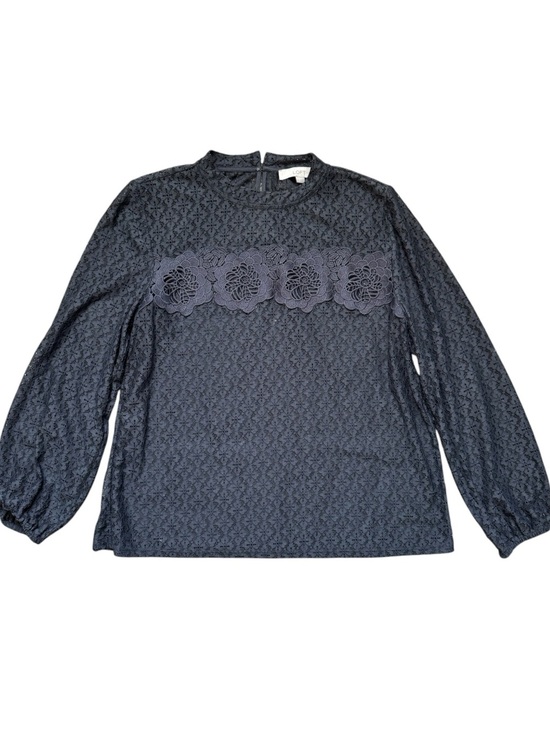 LOFT Tops - LOFT Navy Blue Lace Floral Appliqué Long Sleeve Blouse Size L Petite